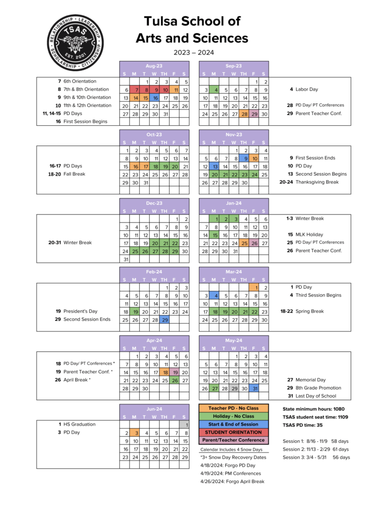 Calendar Tulsa School of Arts and Sciences
